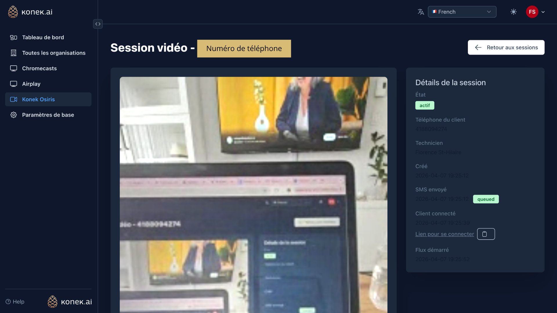 Konek Osiris interface in live video session with a customer - session details, active status, technician Florence St-Hilaire