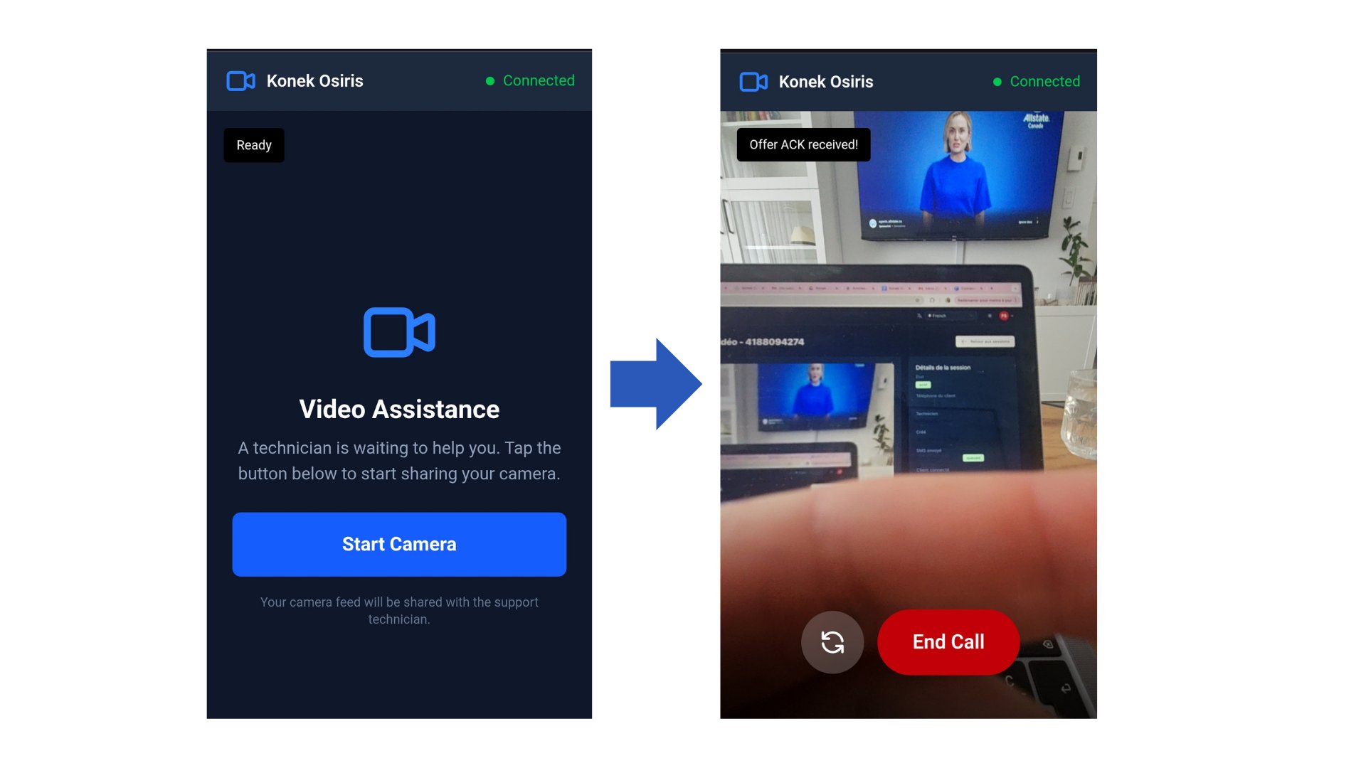 Konek Osiris mobile view - customer activates camera to share image with technical support